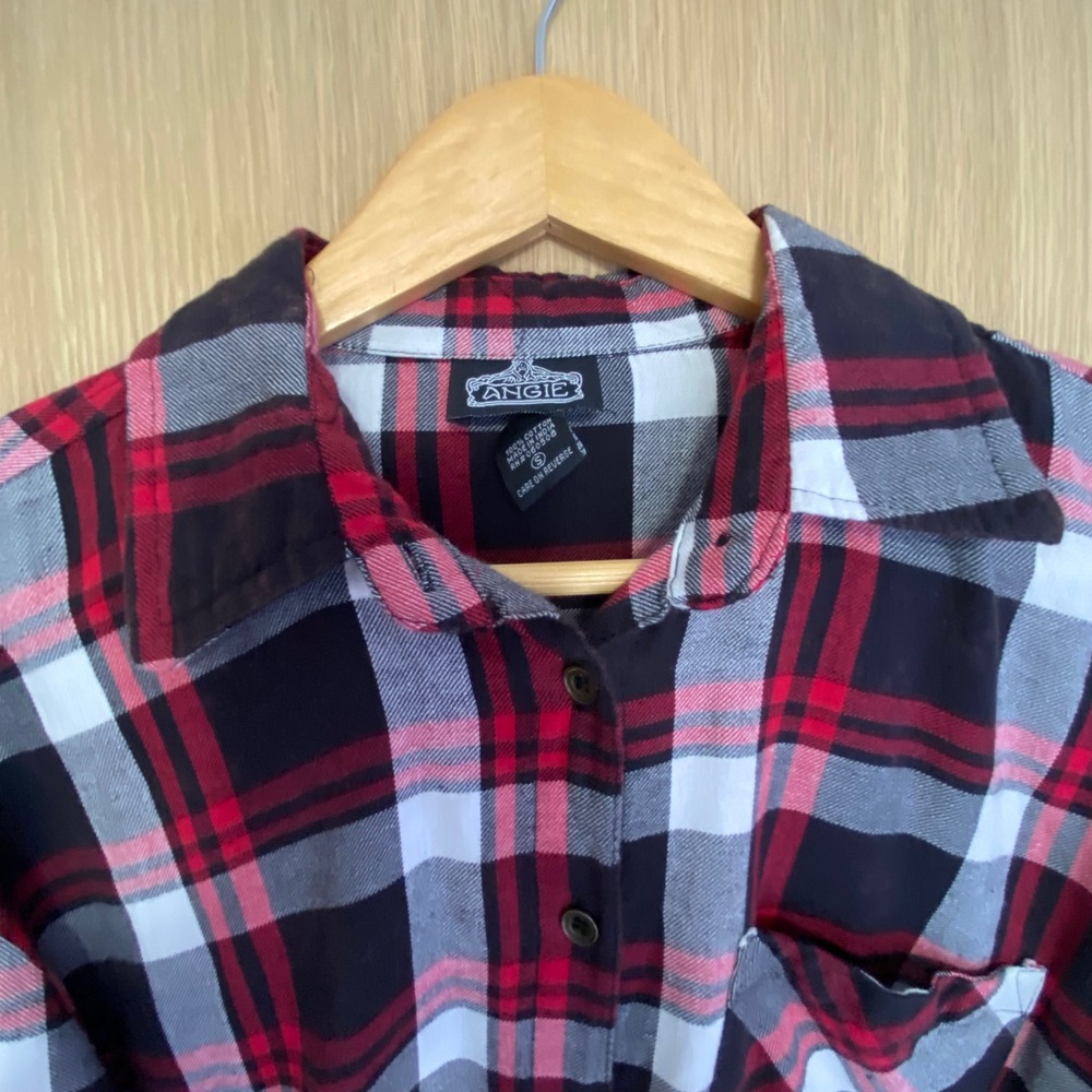 Angie Women Small Button Down Shirt Red Black Plaid Frayed Tassel Hem Grunge S